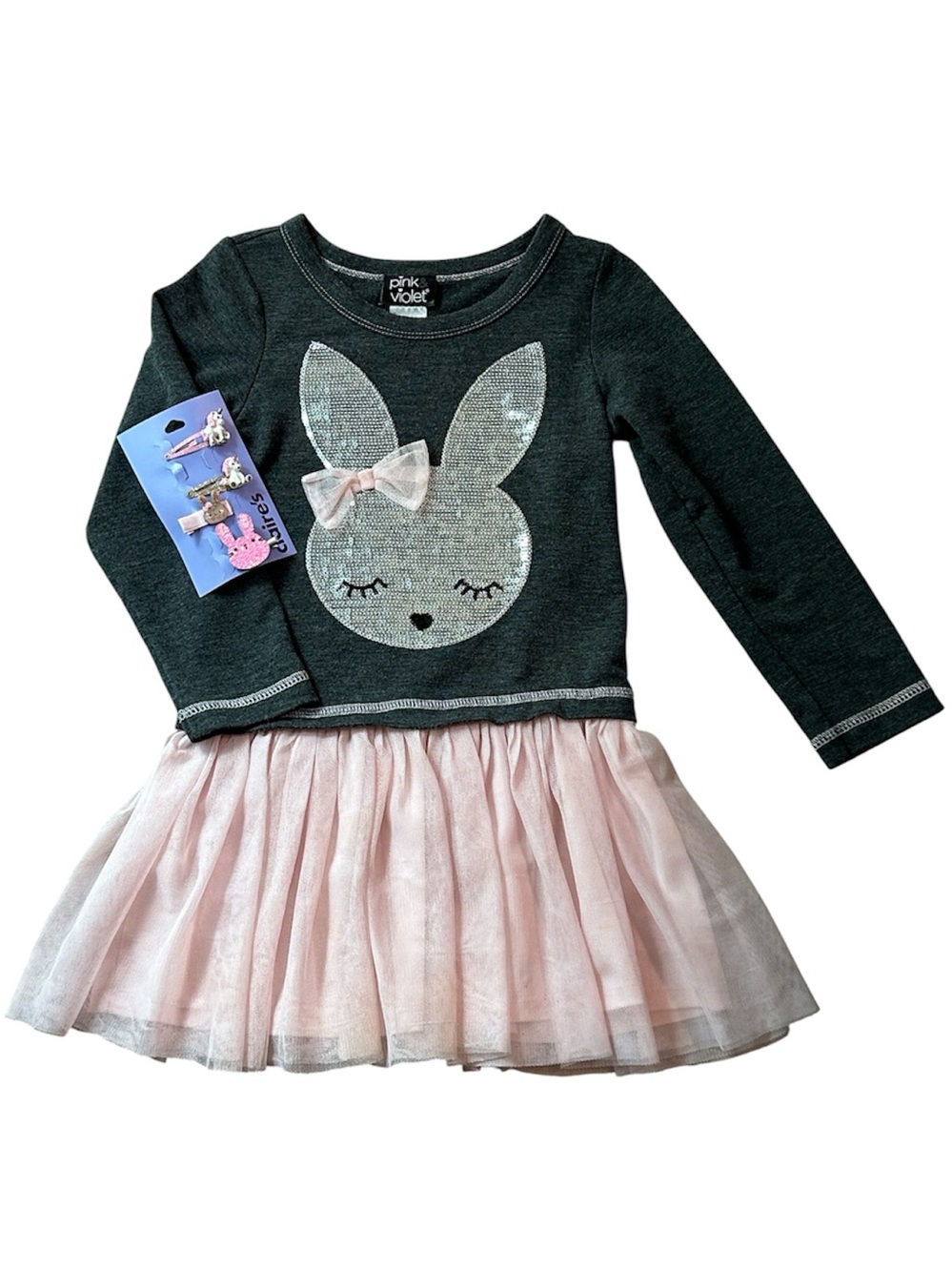 Pink & Violet Girls Bunny Dress Gray Top and Pink Tulle Skirt-Size 5 & FREE item
